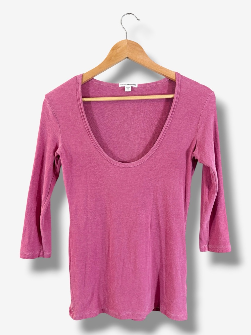 Standard James Perse Knit T-Shirt Size 2 Fuchsia Pink Scoop Neck 3/4 Sleeve